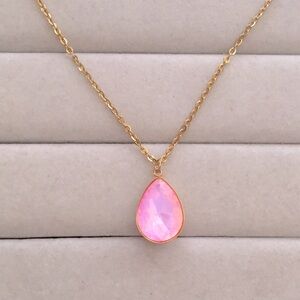 Pink Opal Aurora Borealis + Gold Crystal Pear Drop Pendant Necklace